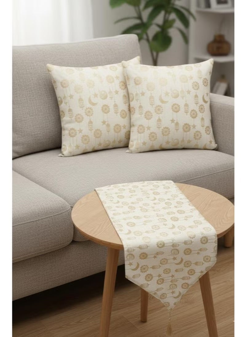 Ramadan 3 piece decor set (2 cushion covers + table runner) with a modern Islamic design - Image 1